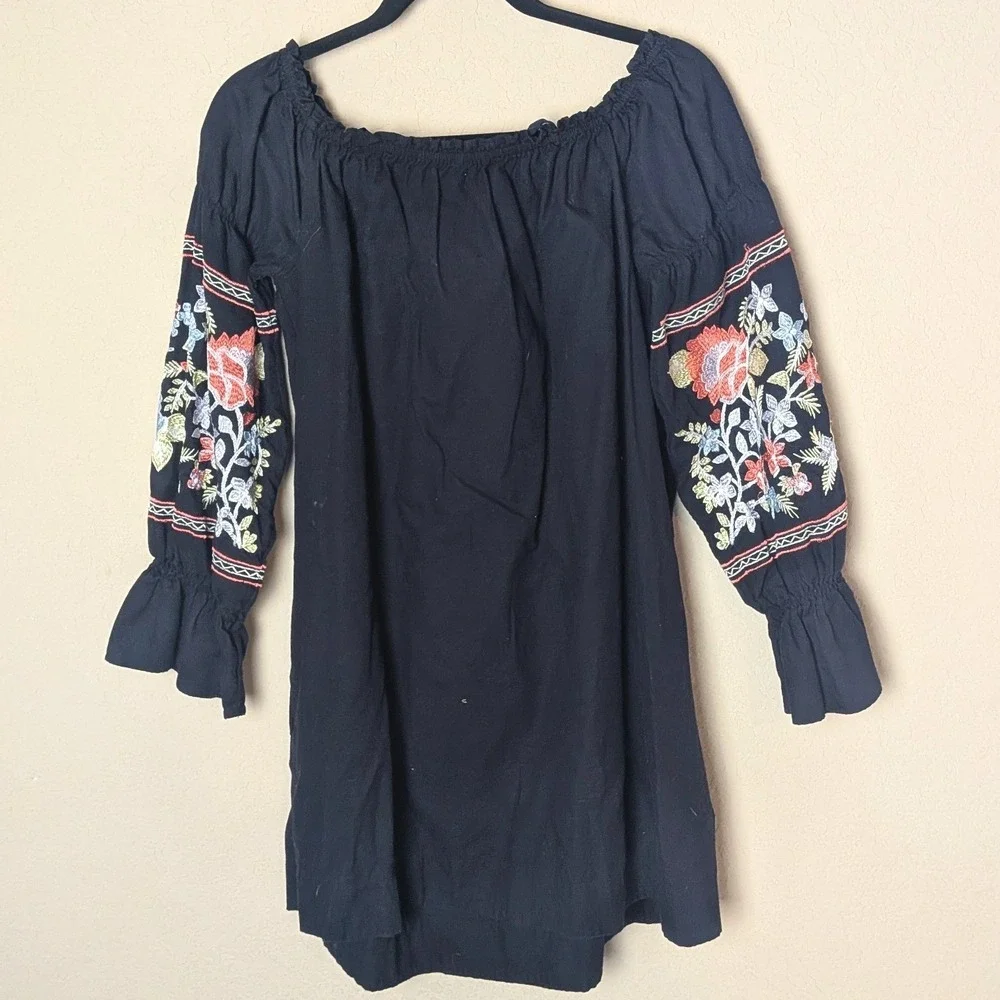 Free People Black Embroidered Peasant Tunic Dress Boho Festival Cottagecore Sz L